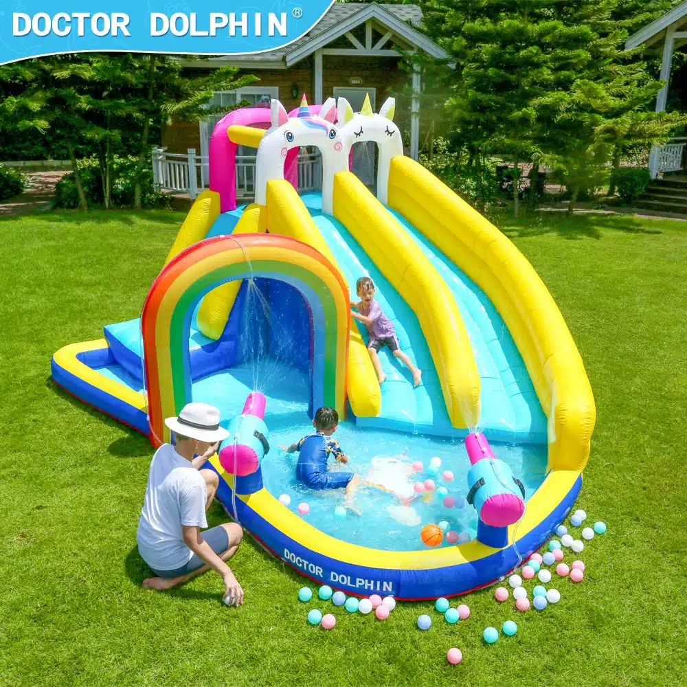 מתקן מתנפח עם מים גדול יוניקורן קשת בענן | Doctor Dolphin
